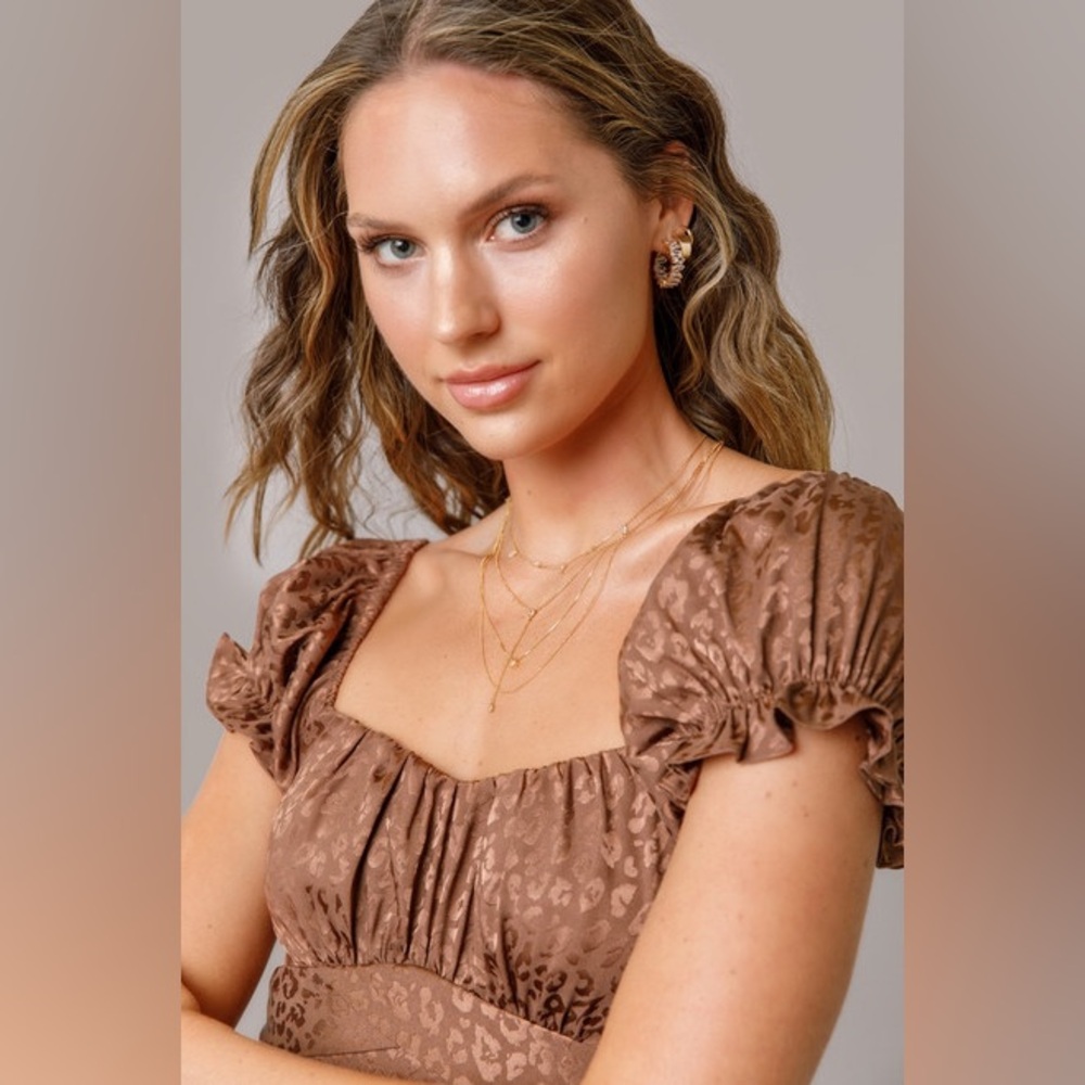 Francesca's Brown Satin Cheetah Print Mini Dress Bubble Sleeves Size Large NWT - Picture 2 of 14